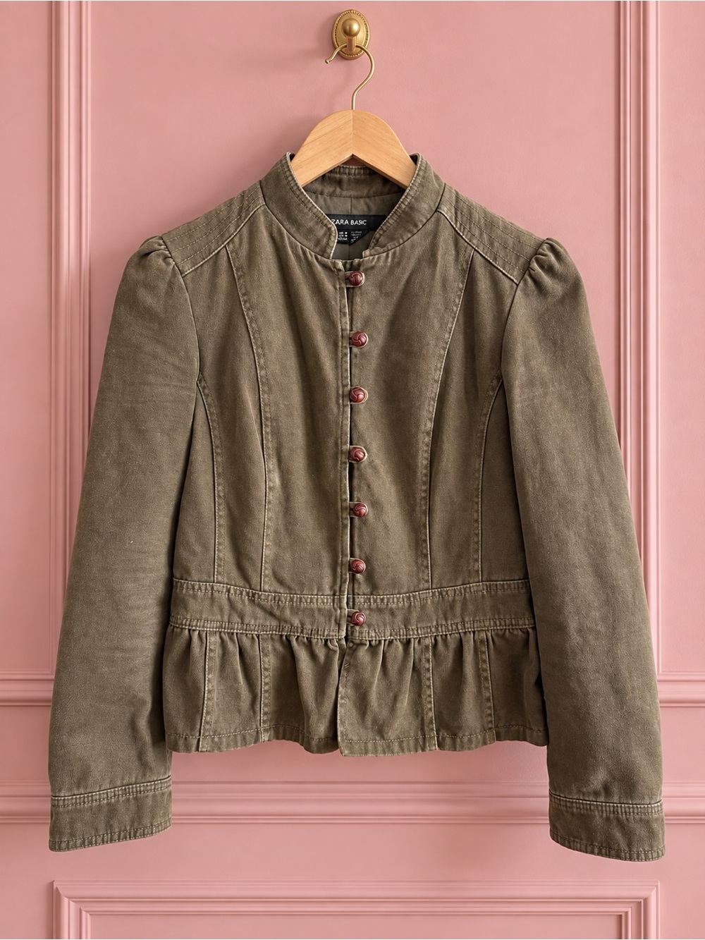 Zara Olive Green Khaki Button-Front Military Jacket Size M